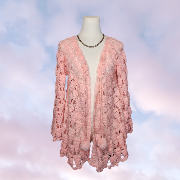 Vtg Handmade Pink Open Knit Coquette Cottage Prairie Bell Sleeve Knit Sweater - Picture 2 of 7